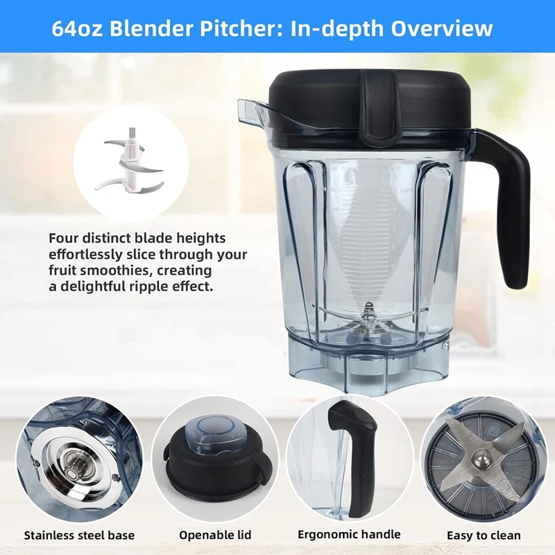 For Vitamix Blender Pitcher 64Oz Low-Profile Replacement For Vitamix 750, 5200, 5000, 6300, 7500 Container Jar Cup