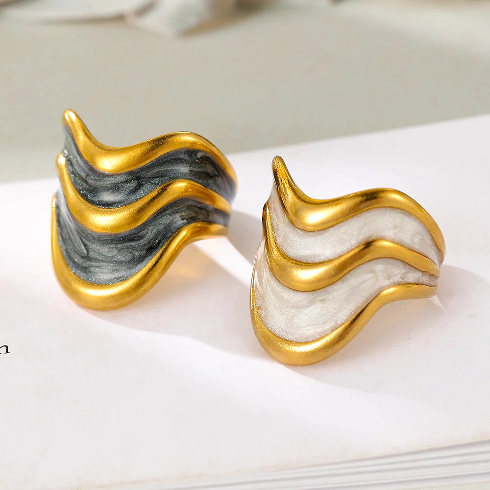 Light luxury water corrugated enamel stainless steel ring, waterproof and non-fading heavy metal, with adjustable finger ring