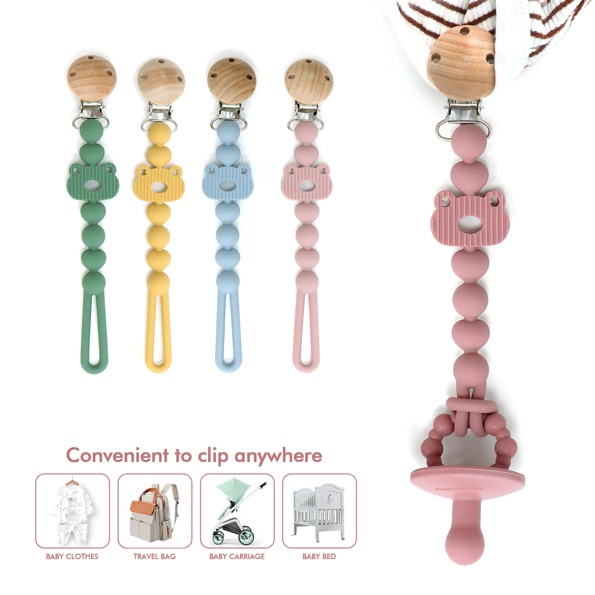 Silicone Pacifier Clip Holder with One Piece Design, Soft Flexible Binky Clips Cute Frog Shape for Baby Boy and Girl (0M+)