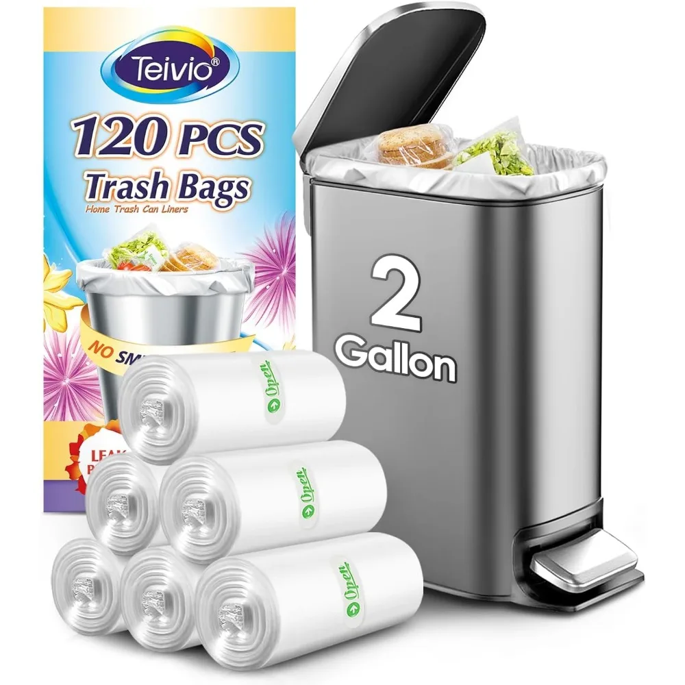 Sacos de lixo transparentes fortes de 2 galões e 120 contagens para banheiro de cozinha de escritório doméstico
