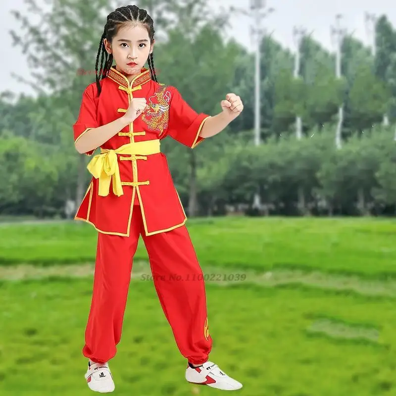 2024 chinese children traditional kungfu uniform wushu costume suit set dragon embroidery performance stage outfit martial suit