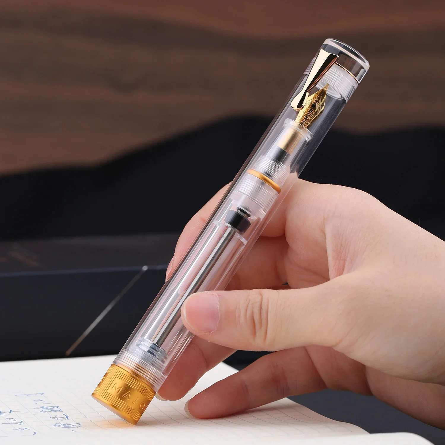 Majohn V1 Vacuum Filling Fountain Pen EF/F/M/ Bent Nib, Transparent Resin Golden/Silver Clip Demonstration Writing Gift Pen