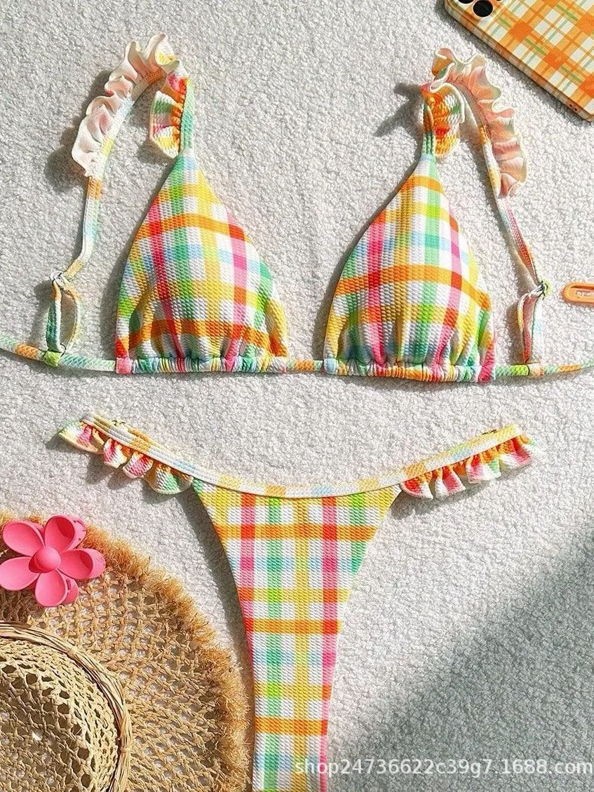 2025 Summer Sexy Bikini Set Women's Floral Lace Grid Tie Side Swimsuit Beach Two Piece Bathing Suit Push Up High Waisted Suit