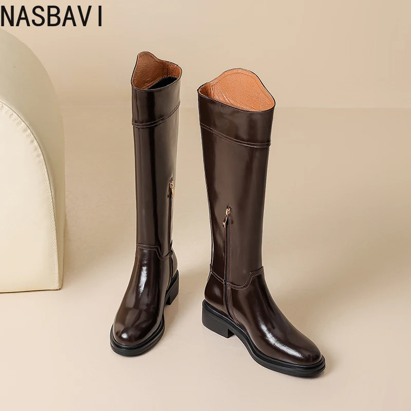 NASBAVI 2026 الشتاء النساء حذاء برقبة للركبة موضة جولة تو أحذية امرأة منتصف الكعب جلد البقر دراجة نارية أحذية طويلة أسود 34-43 #2