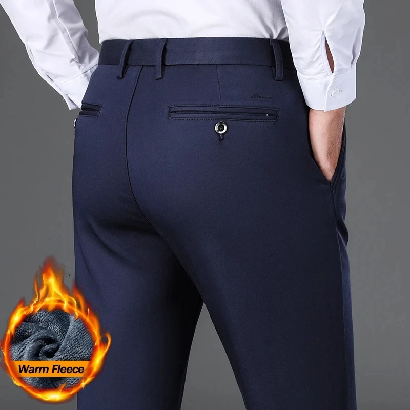 

Winter Men's Fleece Casual Pants Waist Elastic Business Office Warm Pants Plush Velvet Classic Straight Trousers Thermal Clothes