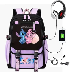 Stitch Cartoon Mochilas para Adolescentes, Patchwork USB, Laptop leve sacos para mulheres e meninas, capacidade de viagem sacos, adorável