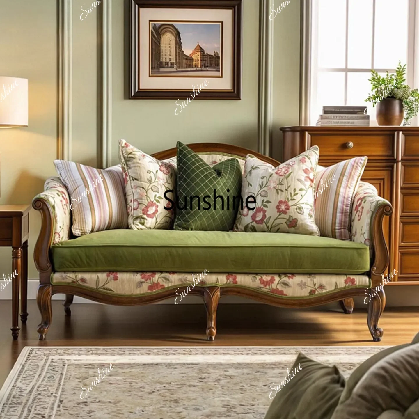 American light luxury solid wood fabric sofa villa printing combination