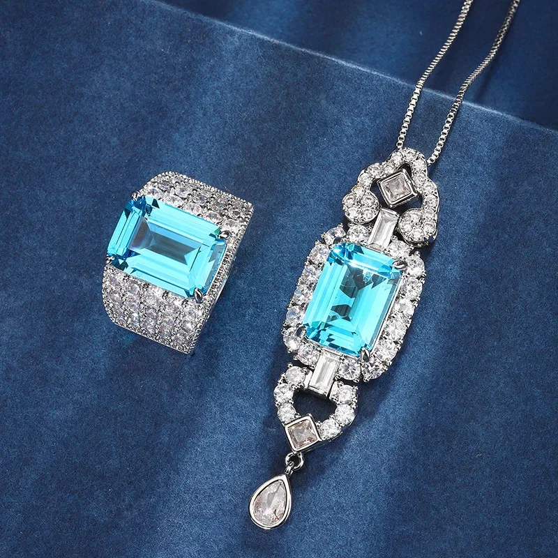 S925 เงิน 18K Gold Plated PT950 Platinum Aquamarine ขนาดเล็กอารมณ์สดชุดจี้แหวน 10*14