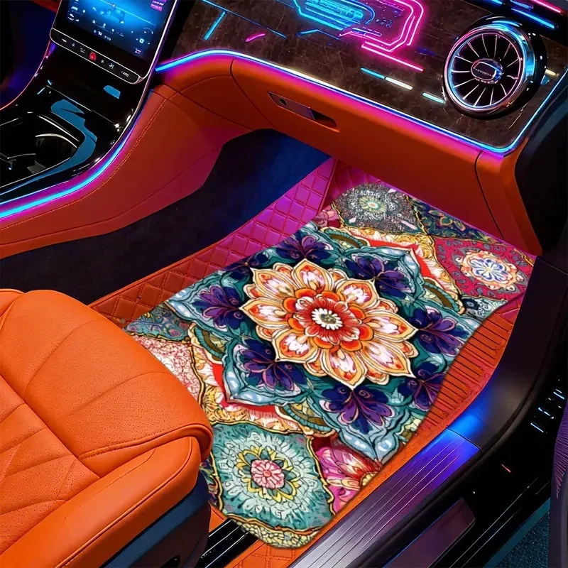 2D Flat, 4pcs Bohemian Style, Multicolor Floral Geometric Pattern Car Floor Mats - Fits Multiple Car Models, Easy To Clean, Dura