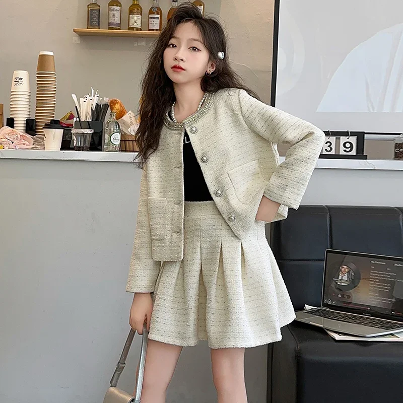 النمط الفرنسي شيك في سن المراهقة الفتيات الملابس مجموعة اليدوية حبة جولة الرقبة سترة مطوي تنورة 2 قطعة الاطفال الصغار دعوى ملابس أطفال 12 14 #6