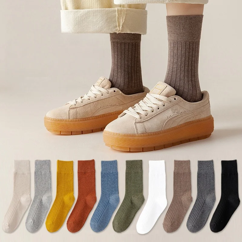 1/3/5 Paar gerippte Damensocken mit mittlerer Wade, Wald-Retro-Baumwolle, sportlicher Komfort, Freizeitsocken, EU 34–39, US 4–8