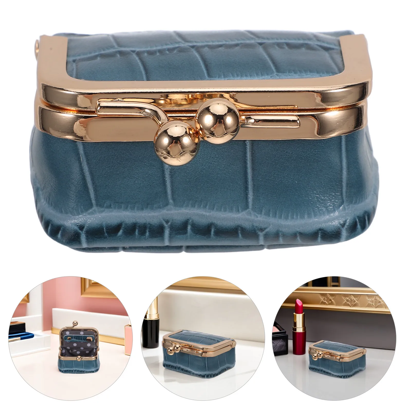 

Mini Jewelry Box Blue Vintage Travel Coin Purse Kiss Lock Compact Organizer for Earrings Rings Necklaces Bracelets
