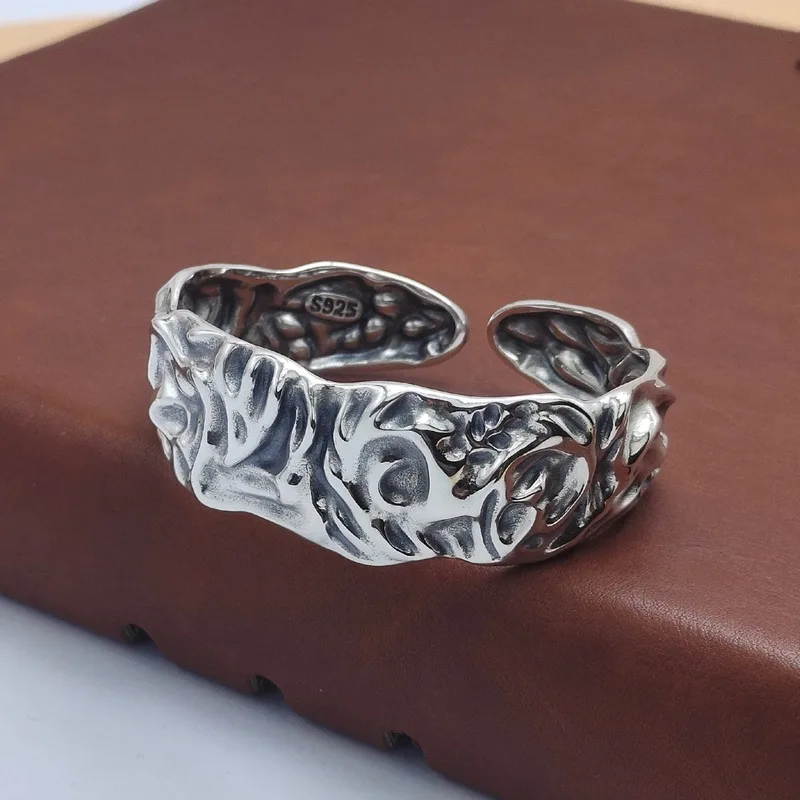 S925 Sterling Silver Irregular Foil Pleated Wide Bracelet Fashion Open Bangle