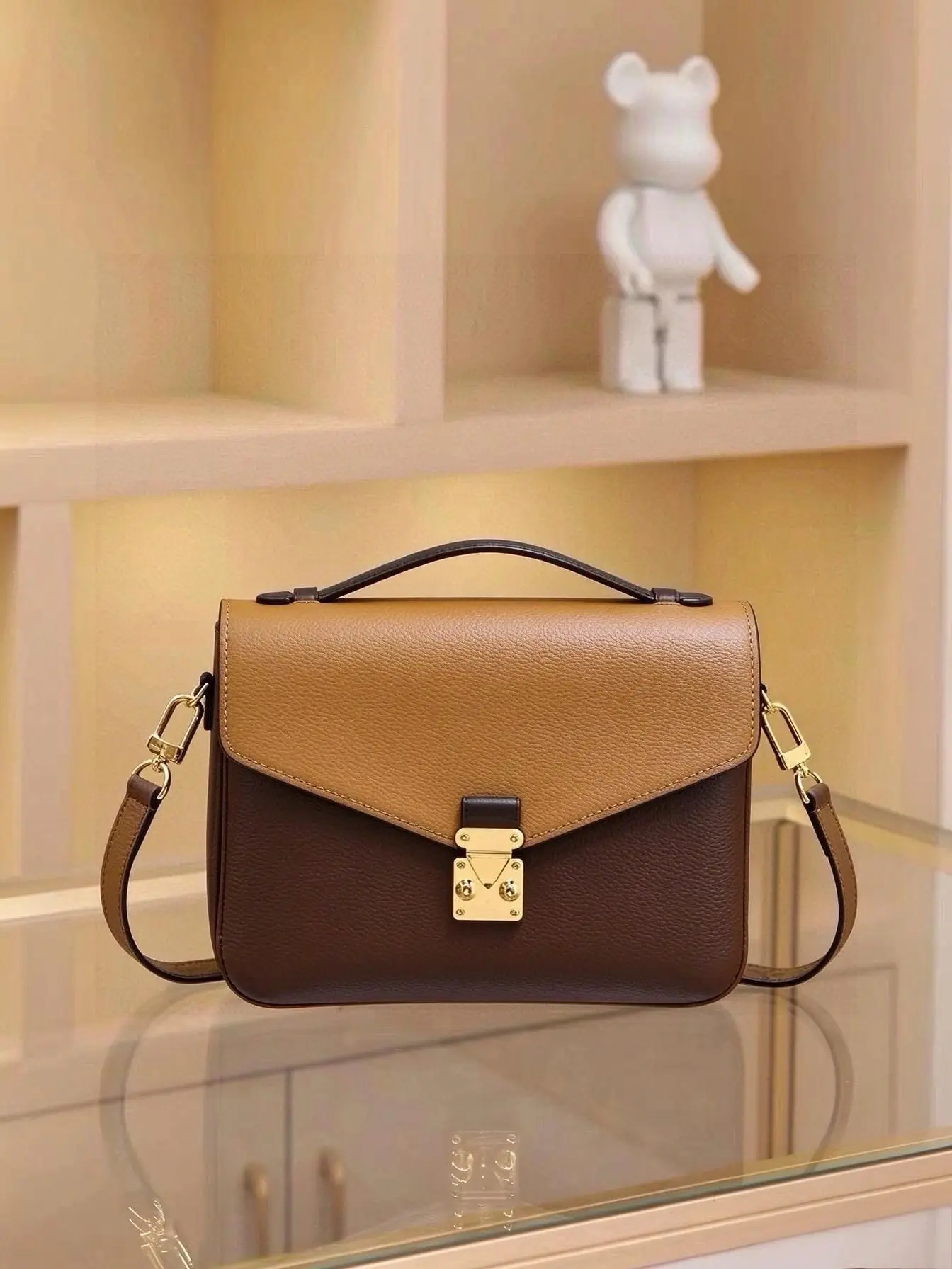 Women Color Block Messenger Bag Pebble PU Leather Top Handle Satchel Bag Gold Lock Decor Removable Shoulder Strap Crossbody Handbag