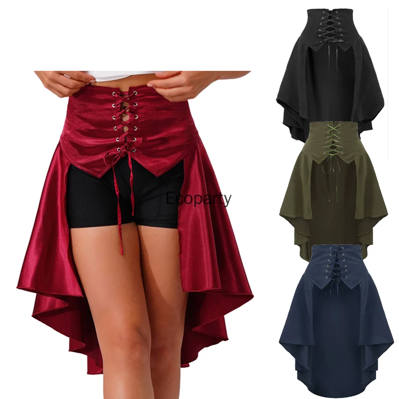 

New Women Medieval Steampunk Gothic Pirate Skirt Vintage Front Lace-up Tiered Ruffled Irregular Skirts Halloween Party Costume