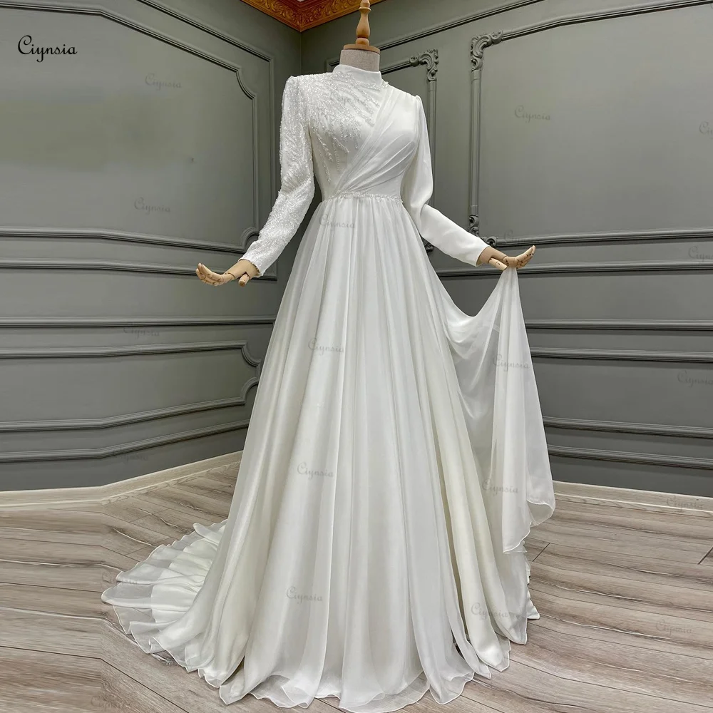 

Ciynsia A-Line Chiffon with Beading Muslim Wedding Dresses for Woman Bride Vestido De Casamento Sweep Train White Bridal Gowns