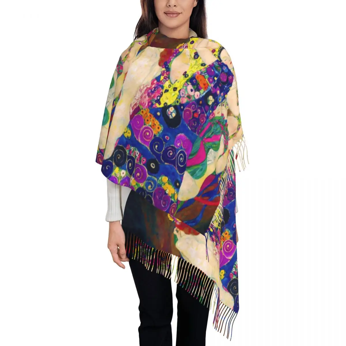 Womens Scarf Warm Soft Gustav Klimt Scarves Wraps with Tassel Abstract Art Casual Shawls and Wraps Autumn Designer Bufanda Mujer