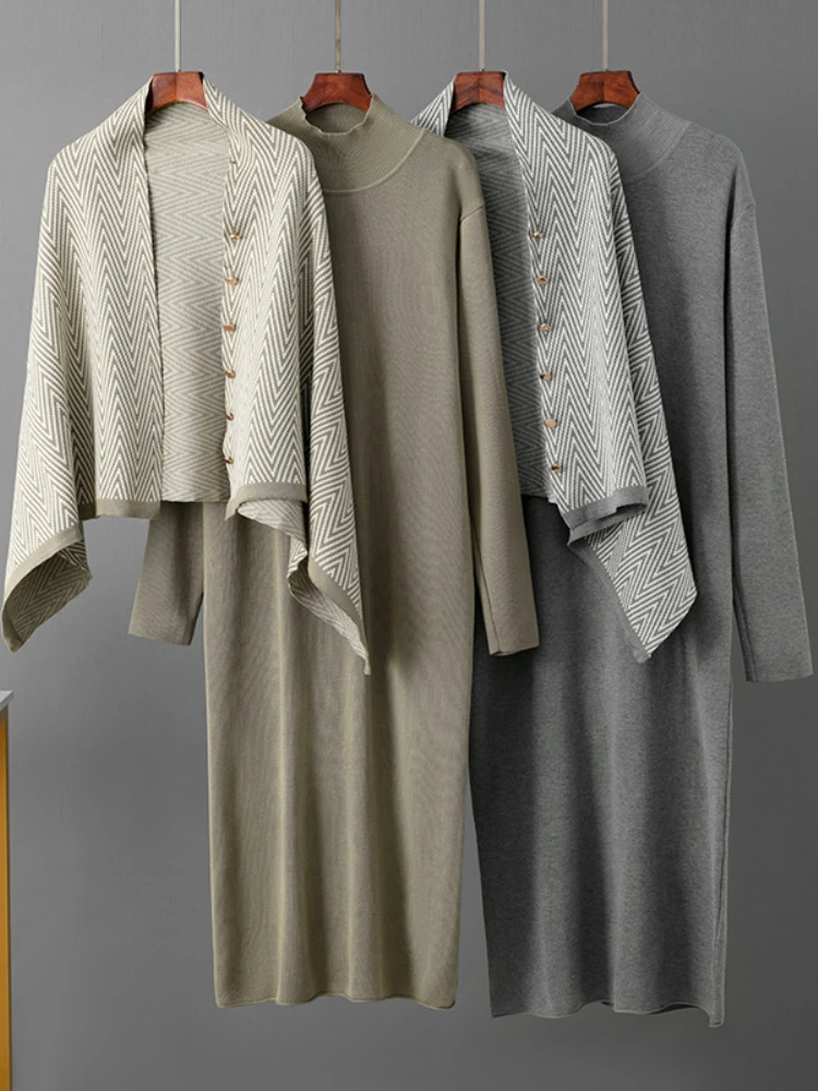 

Ladies 2 Piece Set Fashion Elegant Outfits Shawl Sweater Coat Top+Knitted Dress Suit Autumn Winter Office Clothes Women