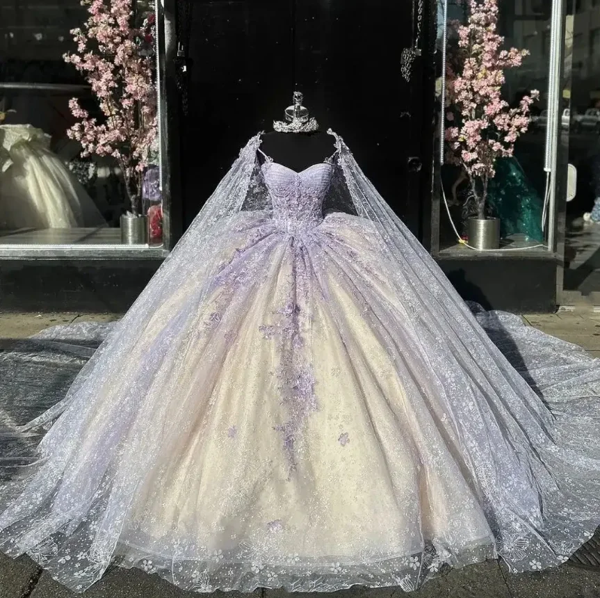 فساتين الأميرة Quinceanera ، أرجواني ، رباط رائع مطرز بالخرز ، شال ترتر ، 15 فستان ، أرجواني ، فاخر