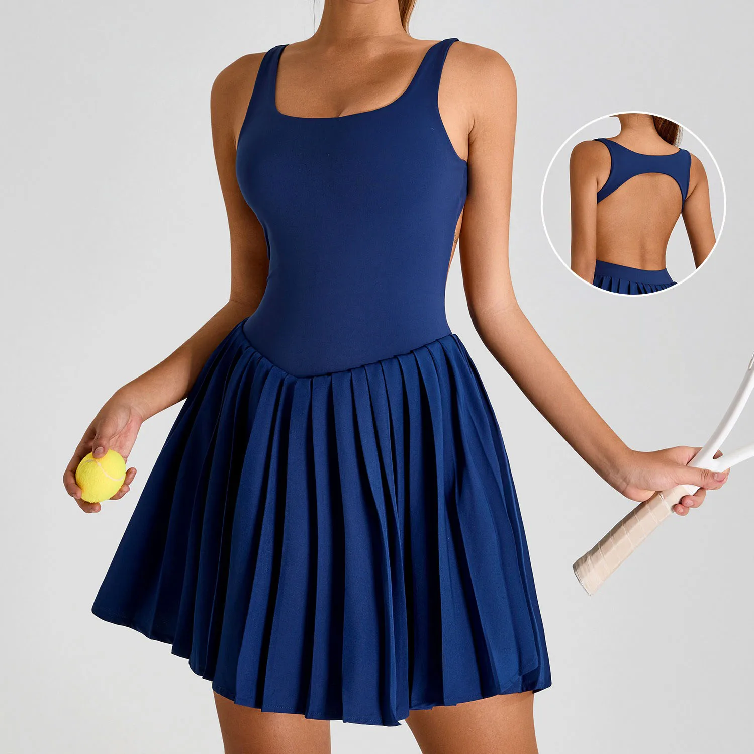 

Tennis Padded Dresses Sexy Hollow Back Yoga Jumpsuits Sports Gym Sets with Pockets Fitness Clothing Short Skirts Badminton Dress