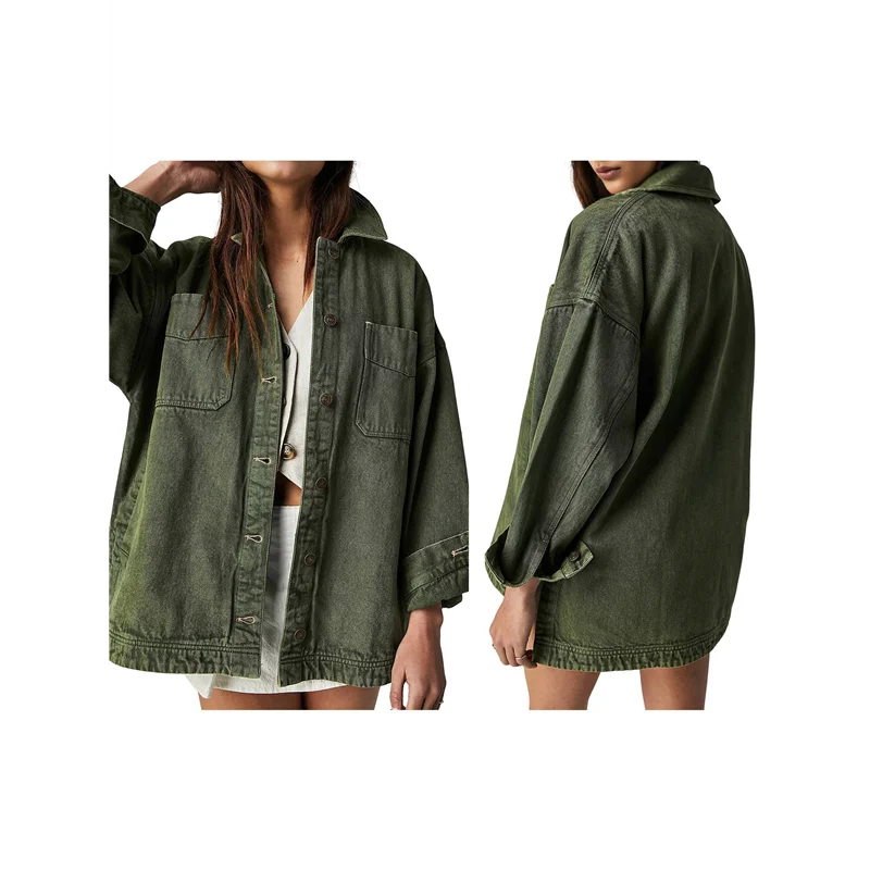 

AA01-Women's City Denim Jacket-Long Sleeve Oversized Boyfriend Style Jean Jacket With Button Up Front