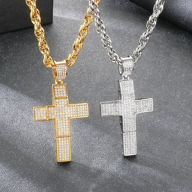Large Full Drill Crystals Double-layer Cross-shaped Pendant Stainless Steel Men's Necklace Rope Chain Collar 7mm 20inch KN299685