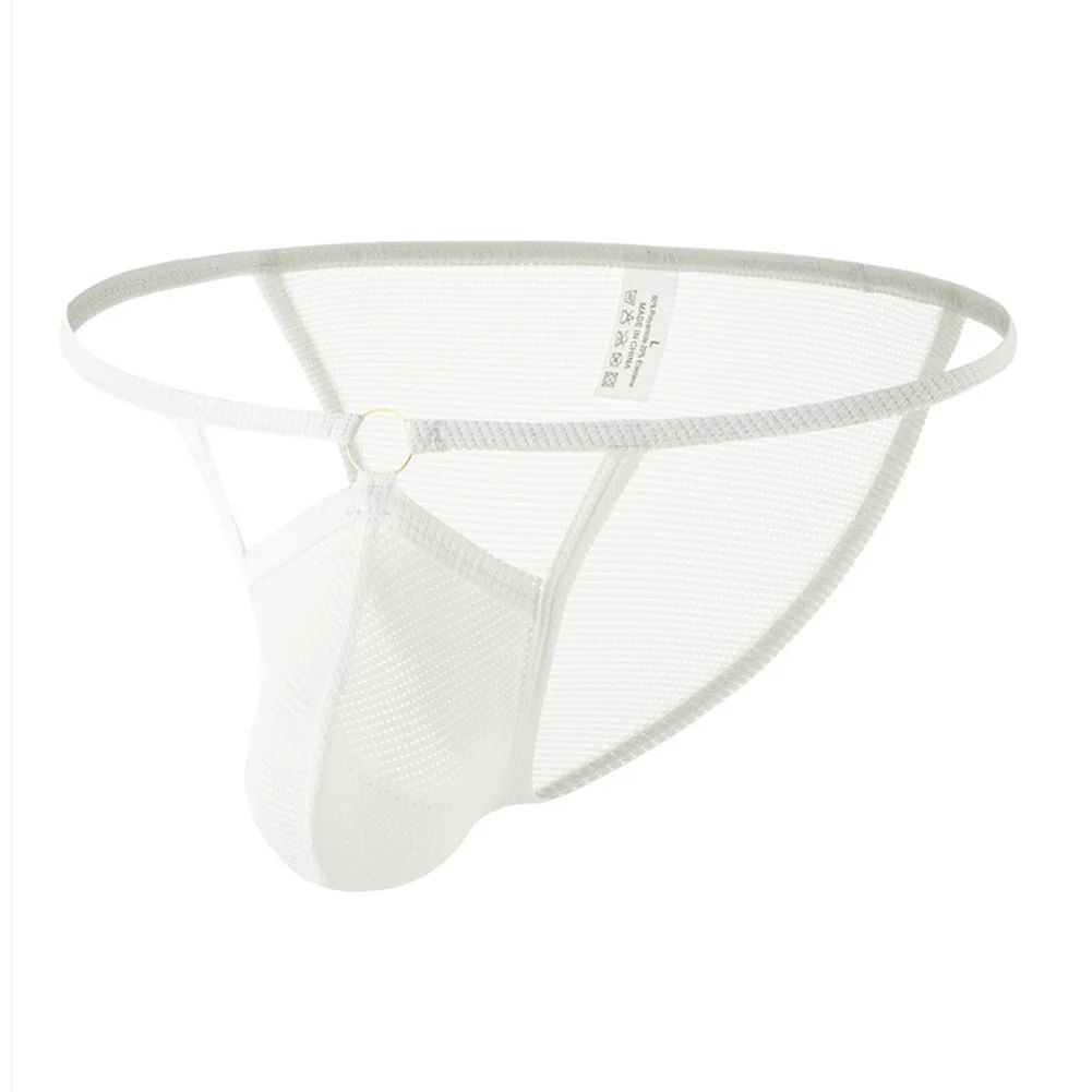 Men's Low Waist Mesh T-back Underwear Breathable See-through Thong Briefs U-convex Pouch Sexy Panties With Metal Ring Detail