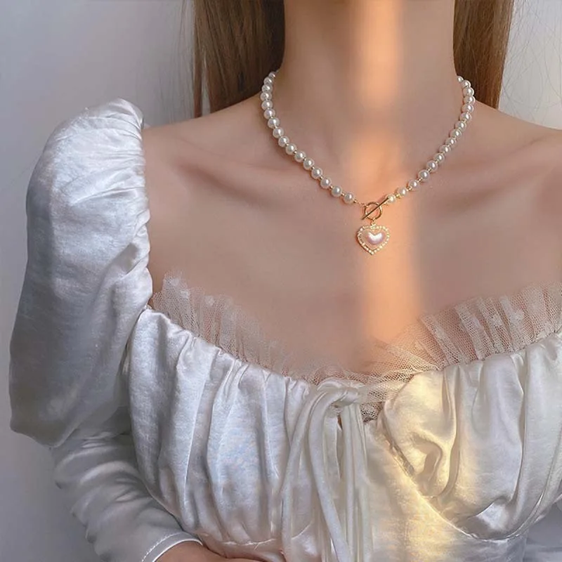 Kalung Mutiara Hati Mode Korea untuk Wanita Manik-manik Mutiara Imitasi Rantai Liontin Choker Pesta Pernikahan Hadiah Perhiasan Antik