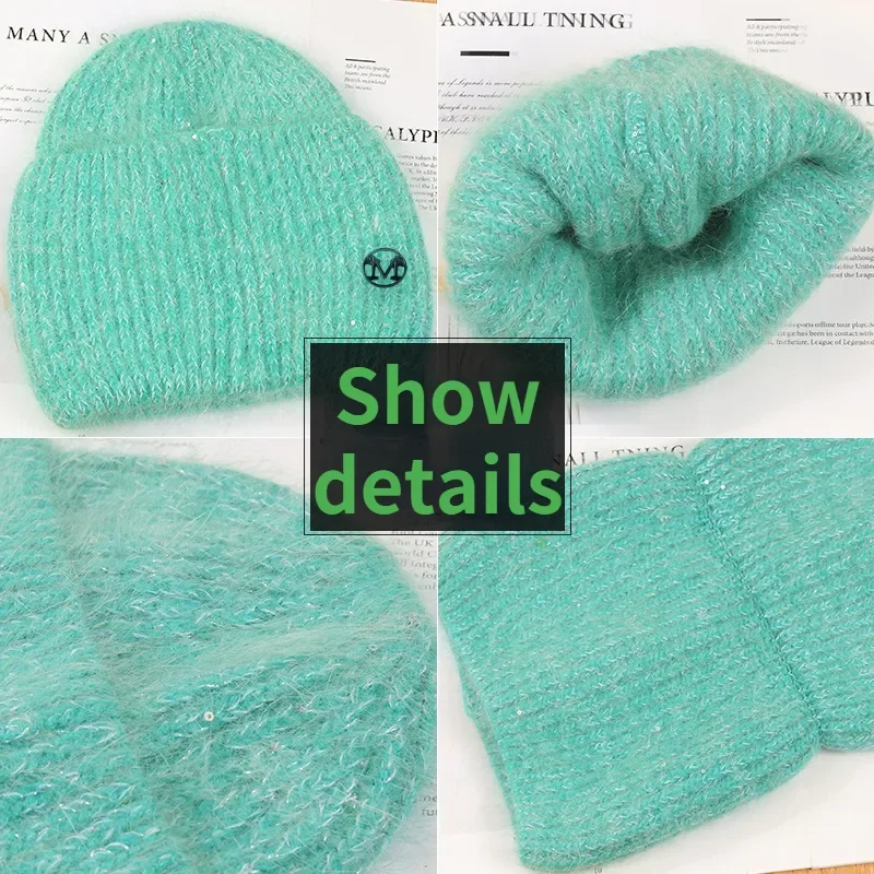 2023New Autumn Winter Fluffy Spring Peas Angora Rabbit Fur Skiing Knitted Hat Female Shiny Warm Thickened Couple Woolen Soft Cap