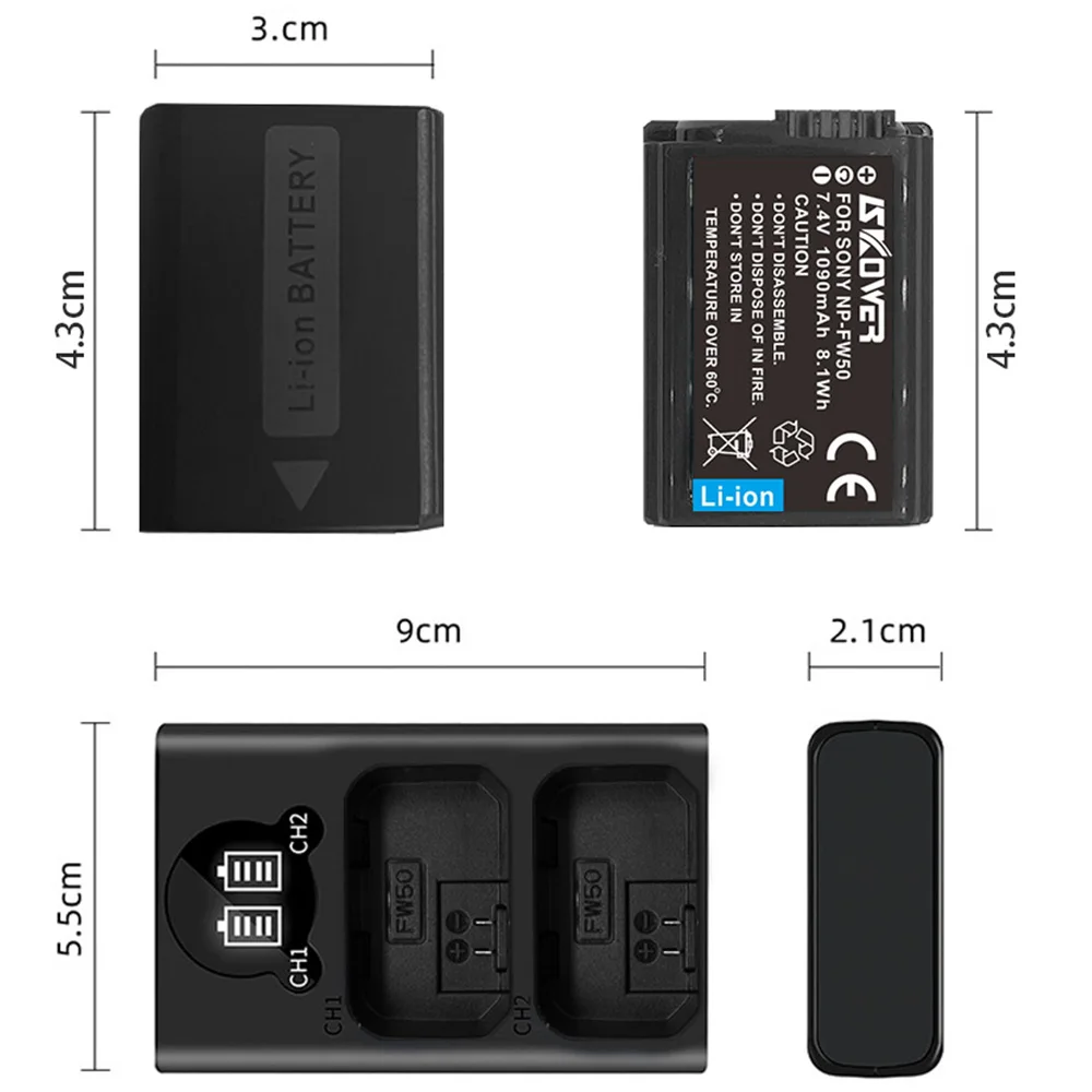 بطارية كاميرا وشاشة LCD USB شاحن مزدوج ، سوني ، ألفا ، A6500 ، A6300 ، A6000 ، A5000 ، A3000 ، NEX-3 ، A7R ، 1090mAh ، NP-FW50 ، NP FW50 ، 2 قطعة