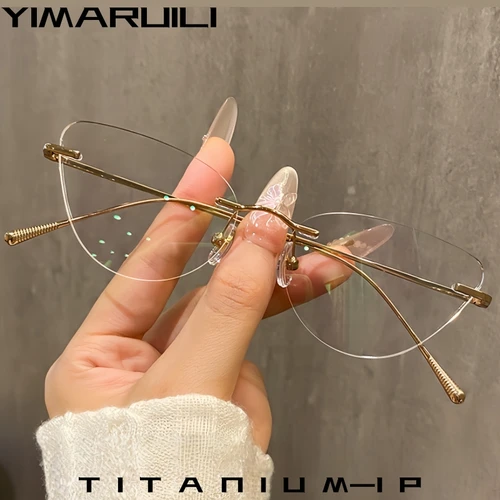 Imagen 2 del producto YIMARUILI, gafas ultraligeras a la moda para mujer, gafas sin montura con forma de ojo de gato, tendencia Retro, gafas graduadas ópticas de alta gama, montura 309ZM