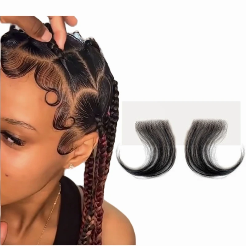 شرائط دانتيل للشعر للنساء - خط شعر دانتيل غير مرئي قابل لإعادة الاستخدام مع قطعتين من قطع الشعر البشري الطبيعي المصنوع يدويًا، أسود 6 بوصات