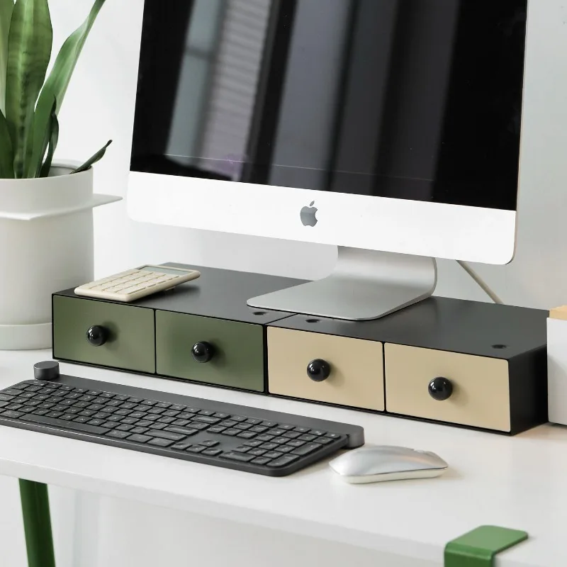 Stackable Metal Drawer Organizer Dual Compartment, Monitor Riser and Desktop Storage Box, Multifunctional Office Desk Shelf