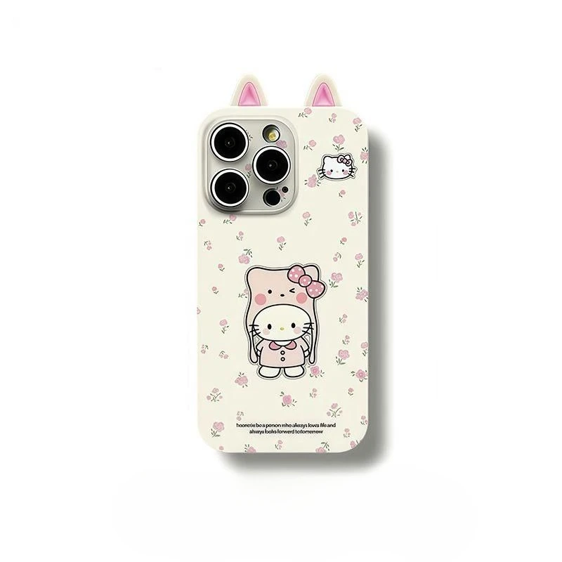 

Kawaii Sanrio Hello Kitty Full Coverage Silicone Shockproof IPhone16 Case Cute Pink Rose Cat Ear Iphone15 Cover iPhone 7-16