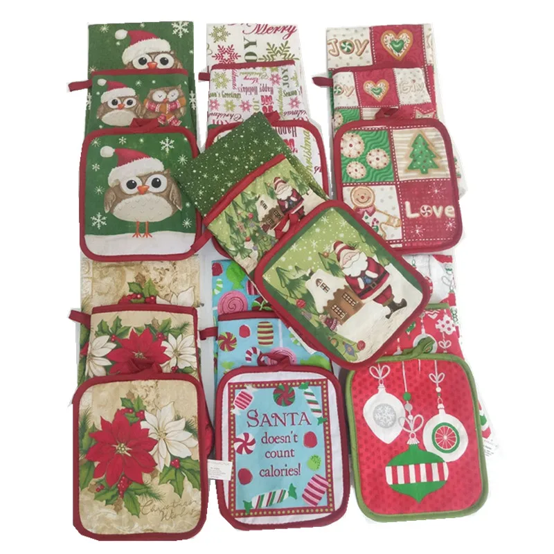3-teiliges Set Baumwolle Vintage Weihnachtsserie Bedruckte Mikrowellenhandschuhe Küchen-Isolierunterlage Geschirrtuch Weihnachtsparty-Geschenk – Detail 1