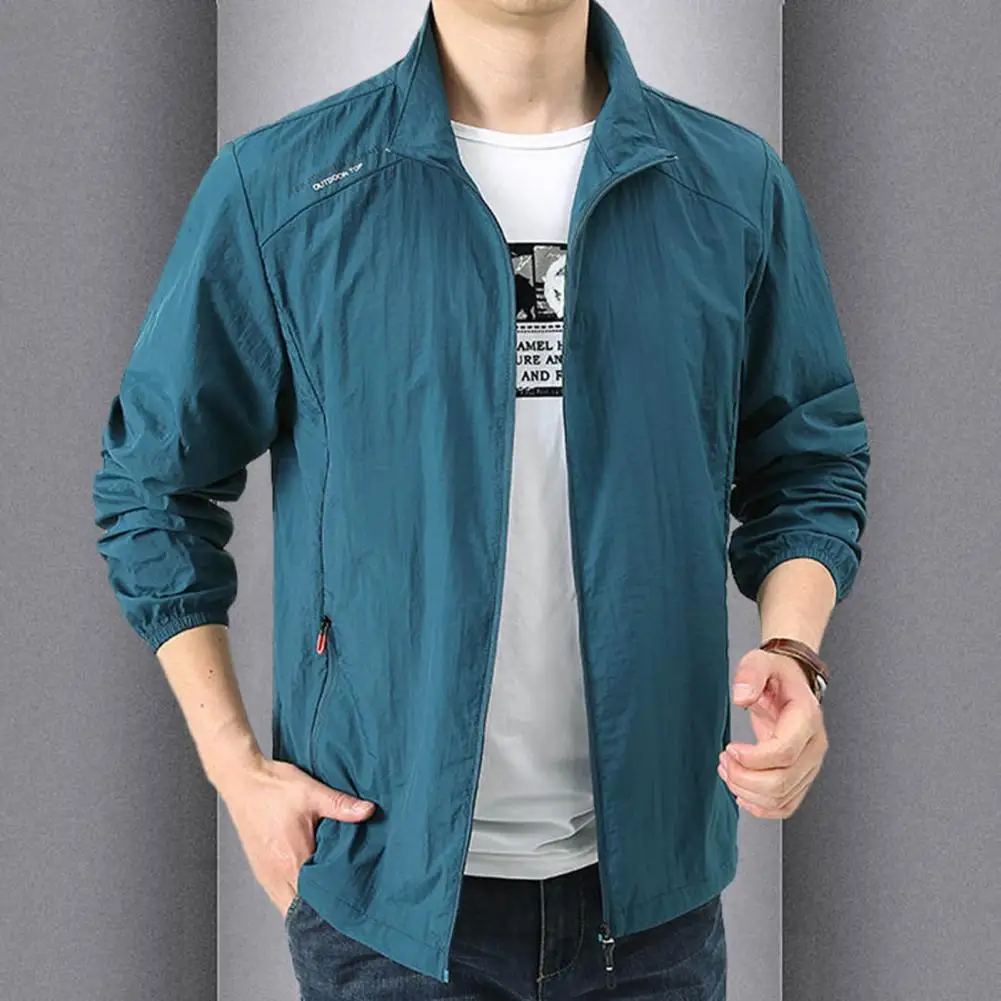 Men Lightweight Summer Coat Lapel Long Sleeve Sun Protection Jacket Ice Silk Thin Outdoor Jacket Windproof Foldable Men Raincoat