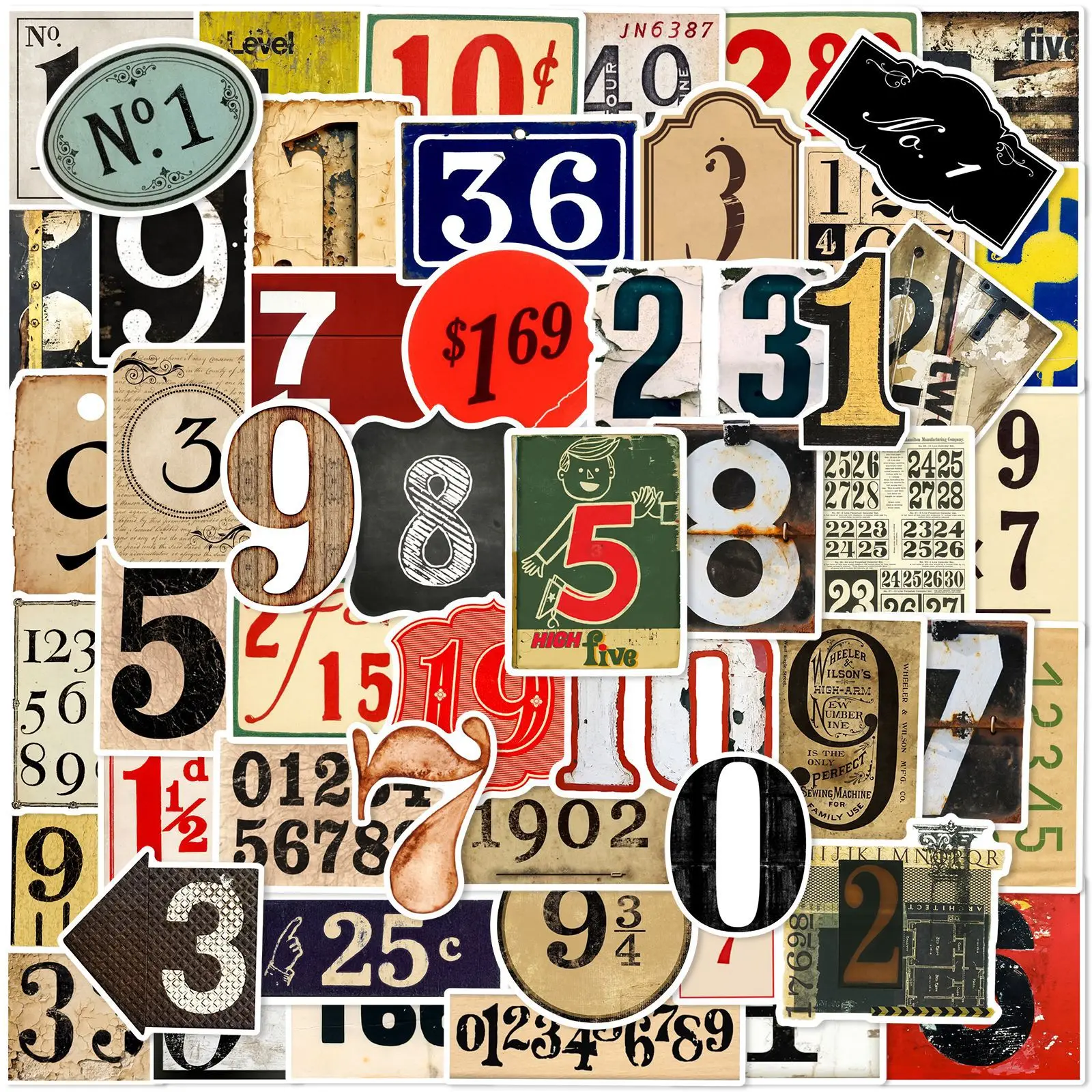 

50Pcs Creative Cartoon Style Retro Digital Text Series Graffiti Stickers For Helmet Desktop Wall Decoration DIY Stickers