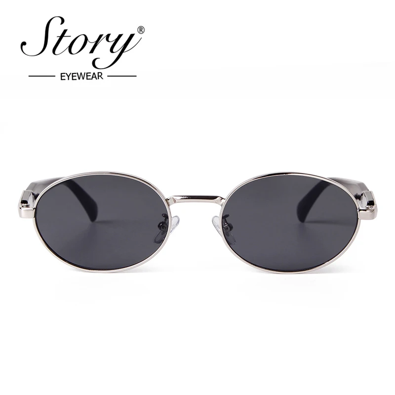 STORY Fashion Classic Pen Legs Oval Sunglasses Women Men Brand Designer Vintage Brown Silver Metal Punk Sun Glasses UV400 S2505