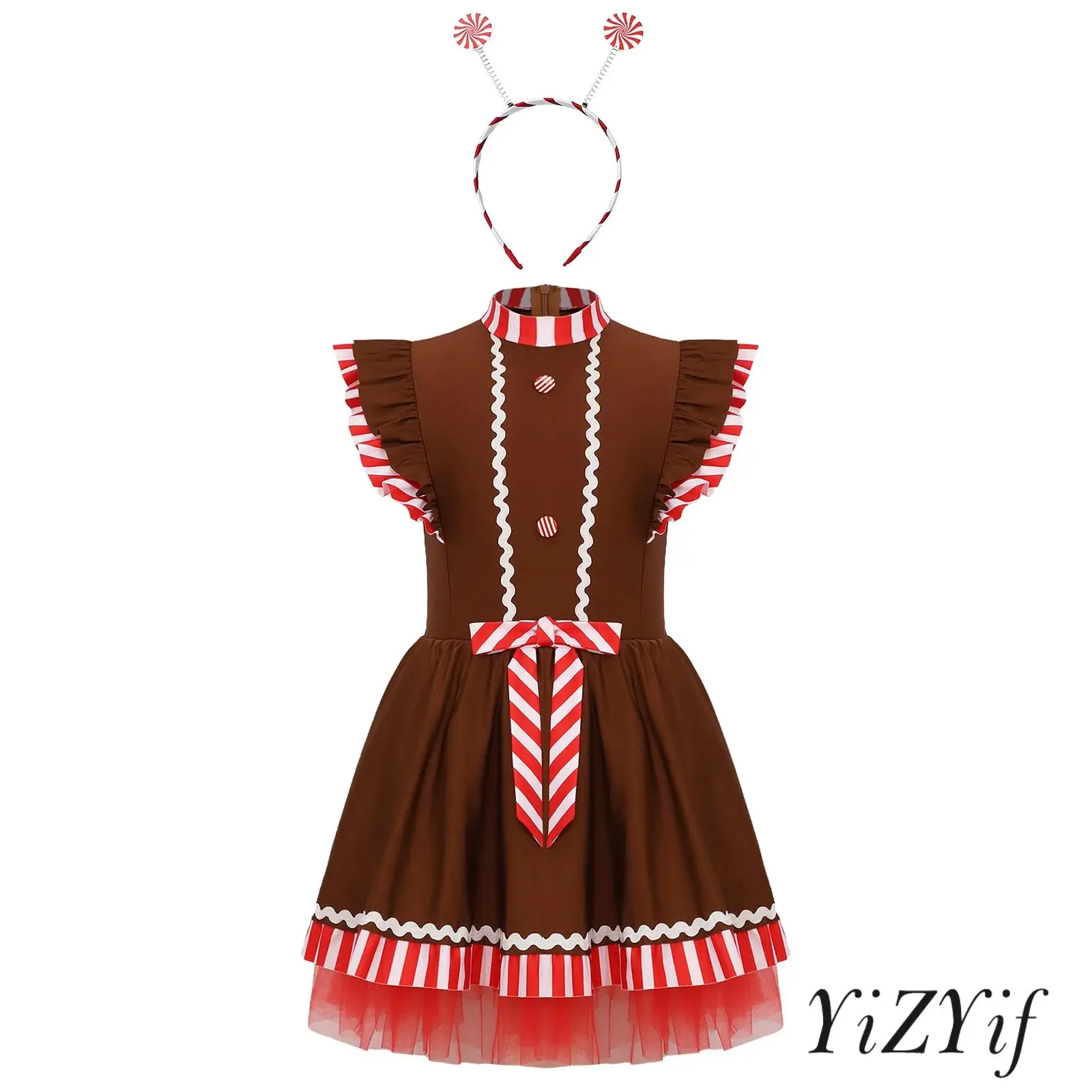 

Kids Girls Gingerbread Man Tutu Dress with Flying Sleeves And Striped Design with Candy Cane Hairband for Christmas Performances