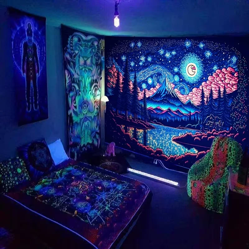 VIKAMA Blacklight Starry Night Tapestry UV Reactive Mountain Lake Blue Pink Van Gogh Style Wall Hanging Wall Art Bedroom Decor