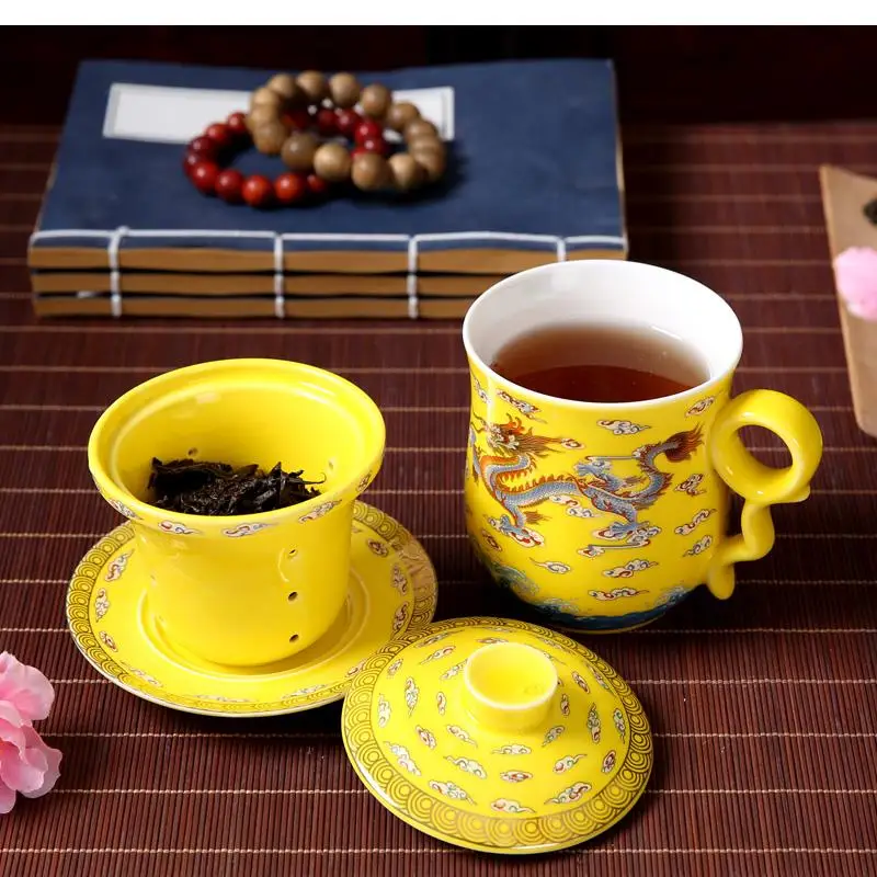 Hand-painted Ceramic Tea Set Blue and White Porcelain Four-piece with Lid Filter Cup Jinlong Home Office Drinking