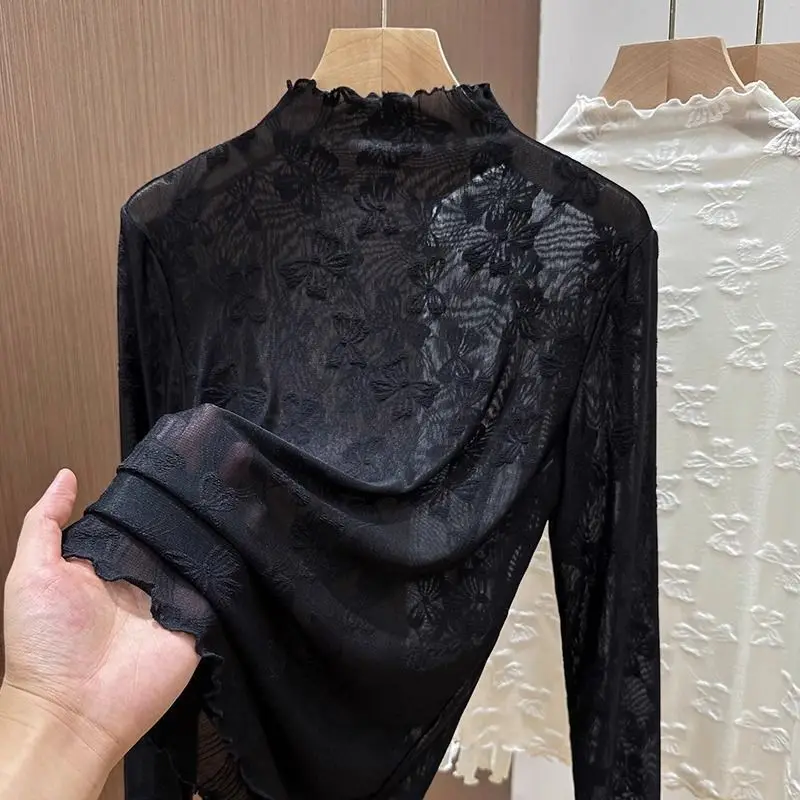 

2025 Autumn Winter Regular Shoulder Base Layer Women's Butterfly Jacquard Half High Collar Lace Trimmed Sheer Mesh Inner Top