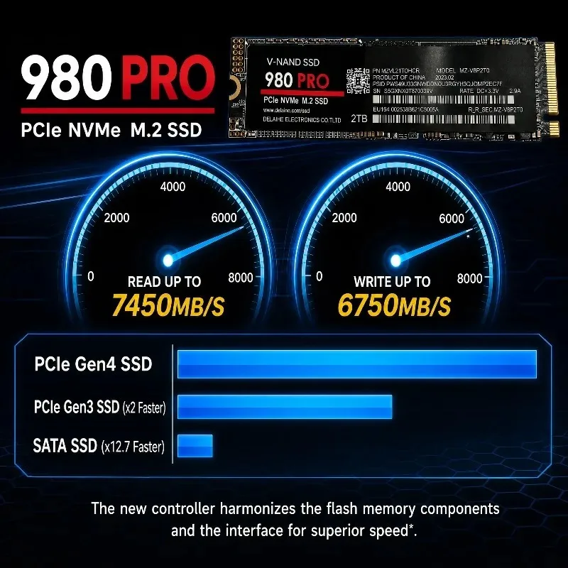 Original 980Pro 1TB 2TB 4TB PCIe Gen4 x4 M.2 NVMe SSD, 3D TLC NAND, 7450MB/s Read, High-End Internal Storage for PC & Laptop.