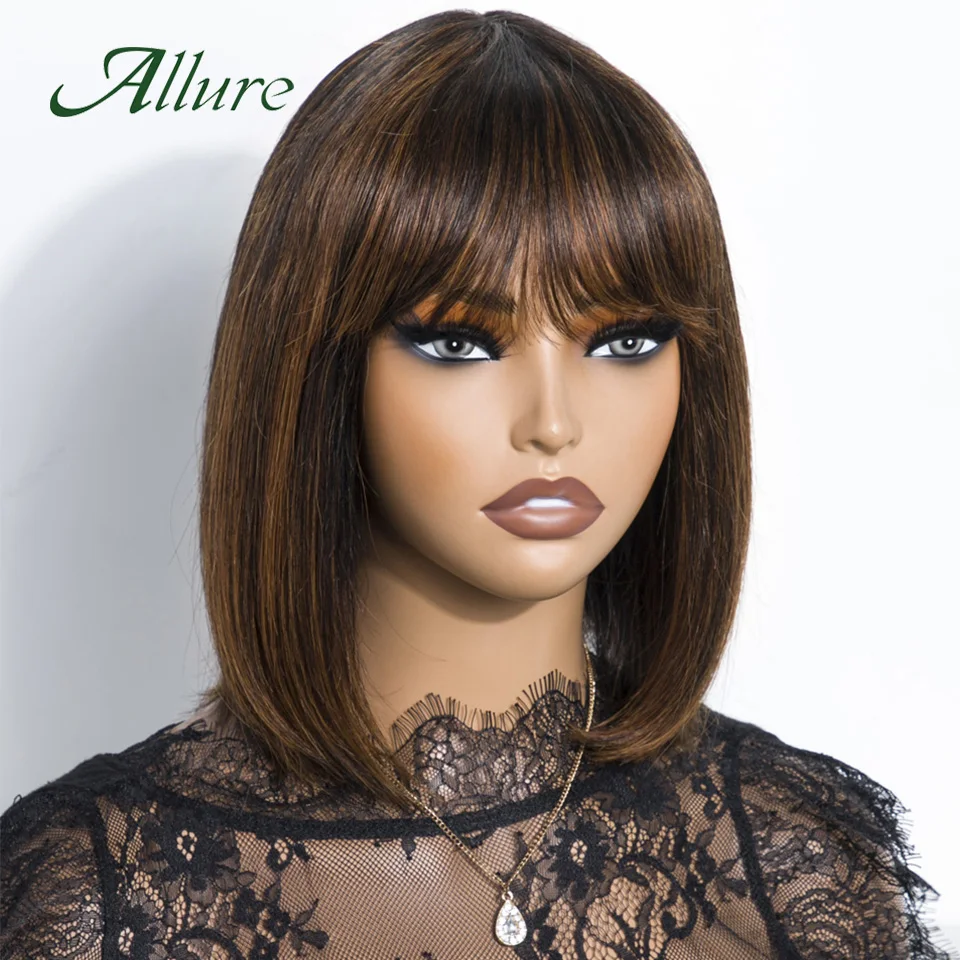 Brazilian Straight Human Hair Lace Wig For Black Women Brown Color Hair Short Bob Wig With Bangs 10 inch Ombre Hair Wig Allure