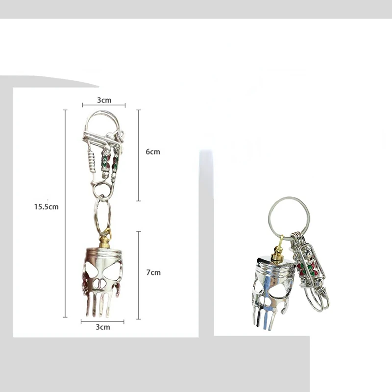 Piston Art Keychain Skull Pendant Decor Accessories For Men Women Alloy Skeleton Keychains Keyring with Flashlight and Bottle