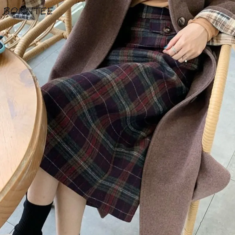 Podstawowe grube zimowe spódnice damskie nowe ciepłe A-line Vintage Classic Plaid Midi wysoka talia proste Streetwear eleganckie damskie wszystkie mecze