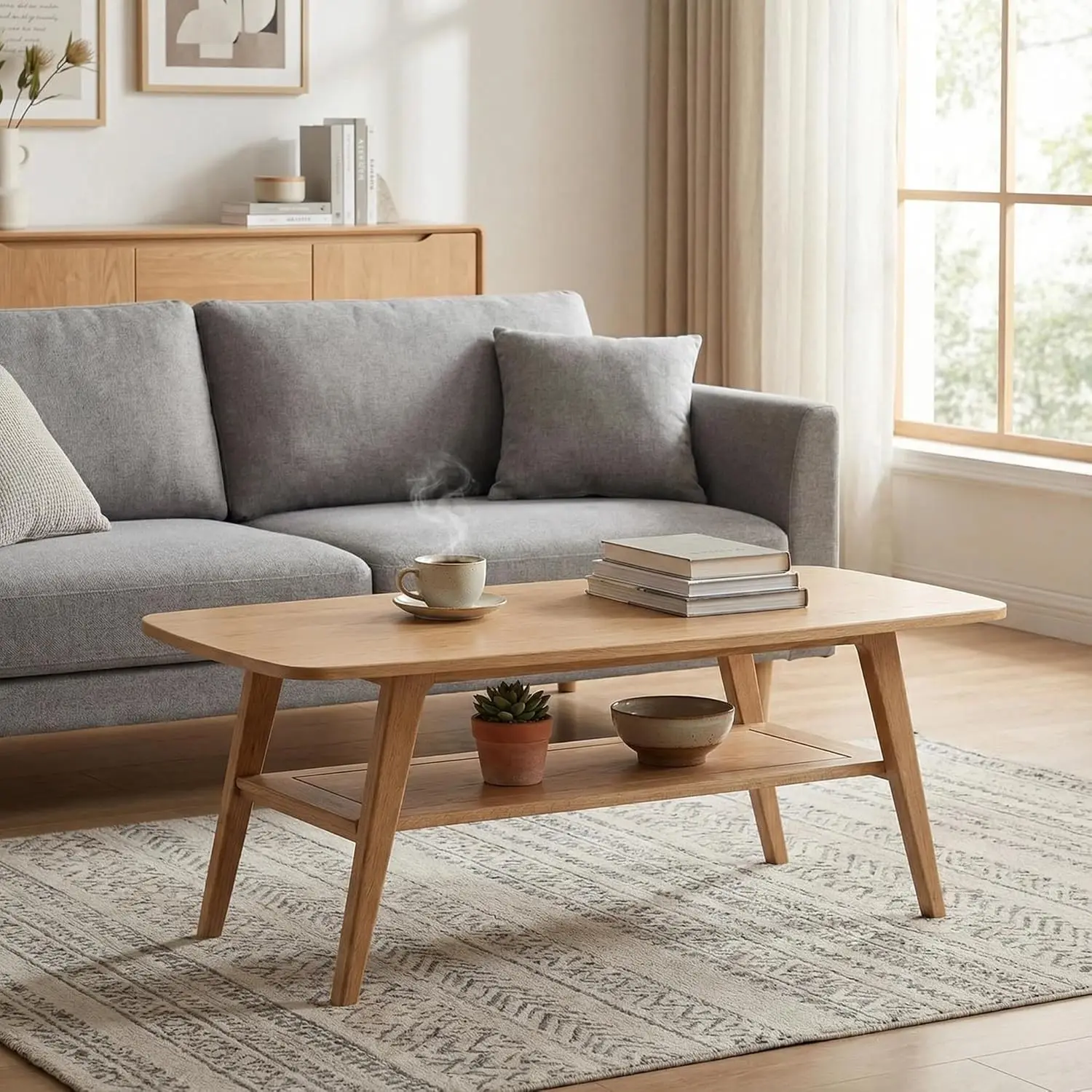 

Solid Wood Coffee Table - 2-Tier Wooden Center Table for Living Room,Apartment, and Office, Farmhouse Rustic, Customized