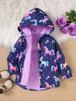 Autumn/Winter Fleece Warm And Cold Proof Girls' Colorful Printed Hooded Jacket For Casual Outings Medium To Long Length Jacket