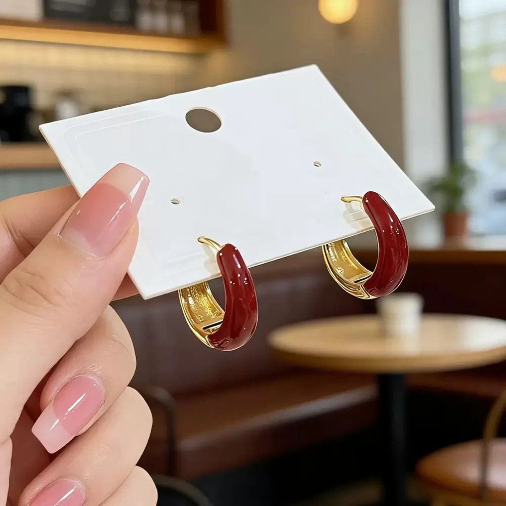 Vintage Wine Red Enamel Hoop Earrings 14K Gold Plated C Shape Huggie Earrings Minimalist Elegant Daily Wear Jewelry For Women Gift
