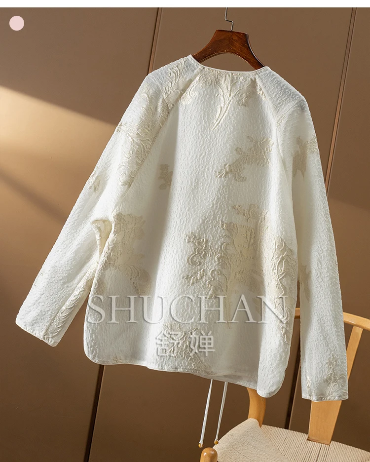 Embossed Flower Case, New Chinese Loose Lace-up with Silk Jacquard Shirt Women 23A0 Blouse Women